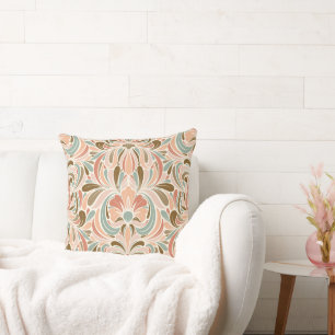 Art Nouveau Spirit Peach, Aqua, Taupe Throw Pillow