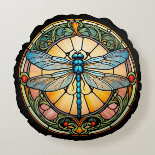 Art Nouveau Stained Glass Dragonfly Round Pillow