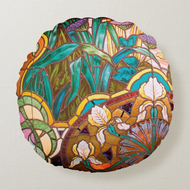 Art nouveau stained glass floral round pillow (Front)