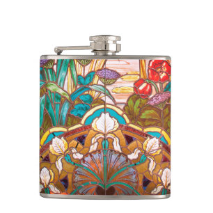 Art nouveau stained glass look floral elegant hip flask