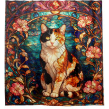 Art Nouveau Stained Glass Style Calico Cat Shower