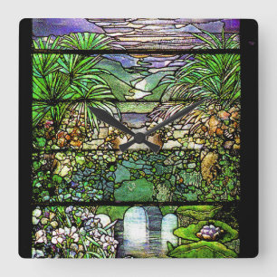 Art Nouveau Stained Glass Tiffany Nature Square Wall Clock
