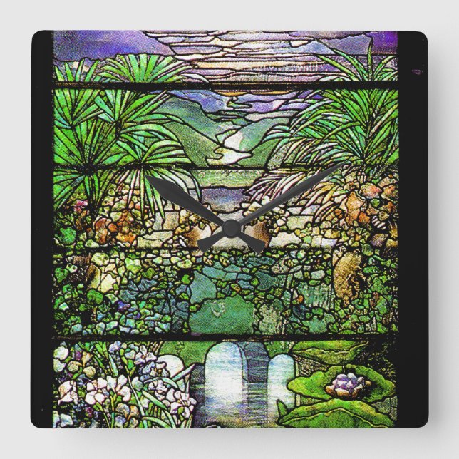 Art Nouveau Stained Glass Tiffany Nature Square Wall Clock (Front)