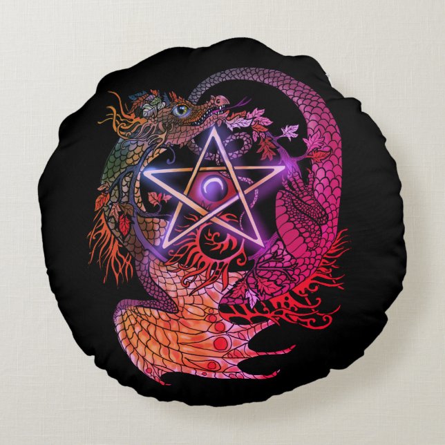 Art Nouveau Star/Pentacle Dragon Coloured Round Pillow (Back)