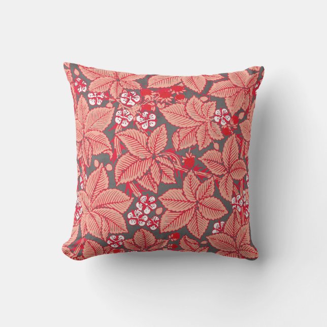 Art Nouveau Strawberries and Leaves, Coral Orange Throw Pillow (Front)