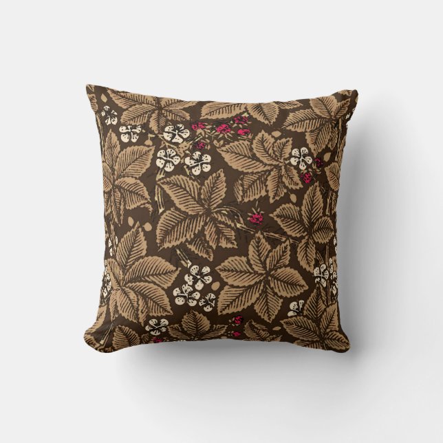 Art Nouveau Strawberries and Leaves, Dark Brown Throw Pillow (Front)
