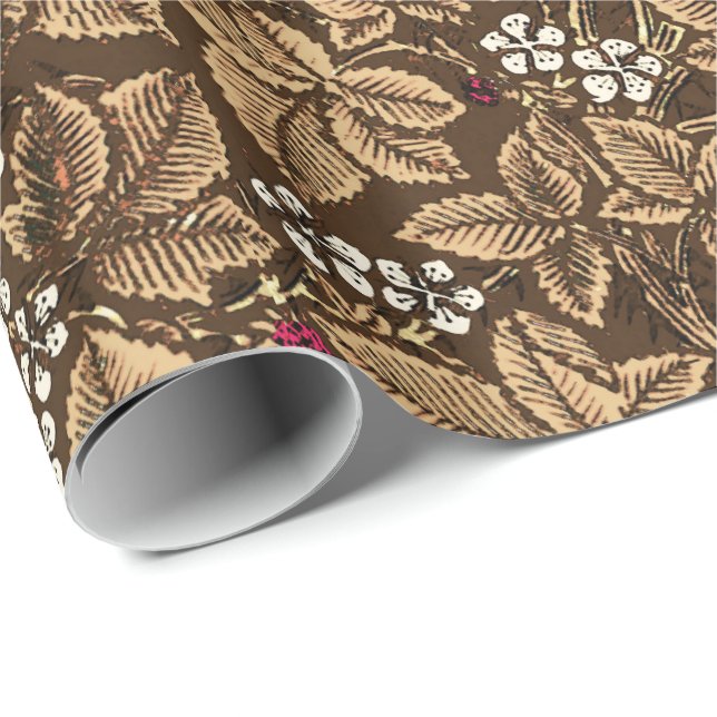 Art Nouveau Strawberries and Leaves, Dark Brown Wrapping Paper (Roll Corner)
