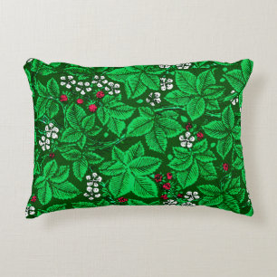 Art Nouveau Strawberries and Leaves, Emerald Green Decorative Pillow