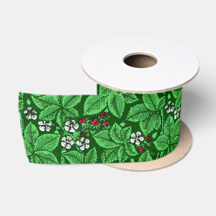 Art Nouveau Strawberries and Leaves, Emerald Green Satin Ribbon
