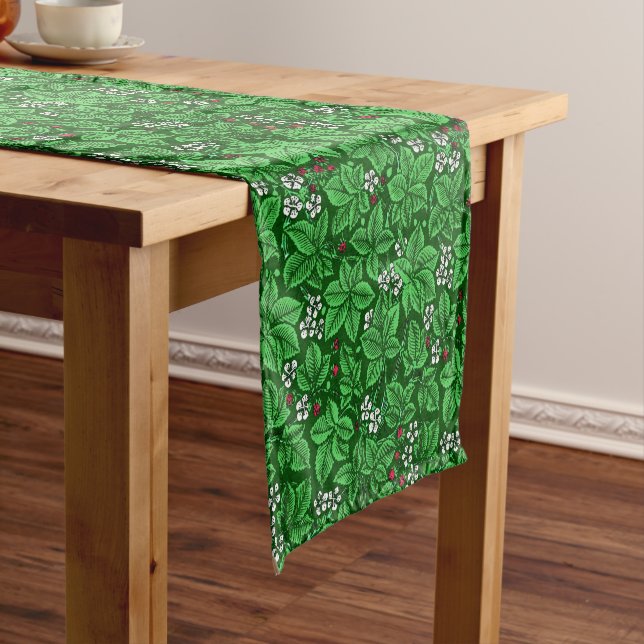 Art Nouveau Strawberries and Leaves, Emerald Green Short Table Runner (In Situ)