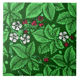 Art Nouveau Strawberries and Leaves, Emerald Green Tile
