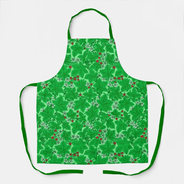 Art Nouveau Strawberries and Leaves, Lime Green Apron (Front)