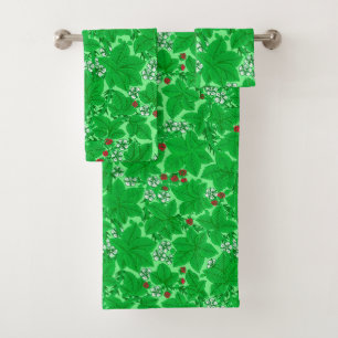 Art Nouveau Strawberries and Leaves, Lime Green Bath Towel Set