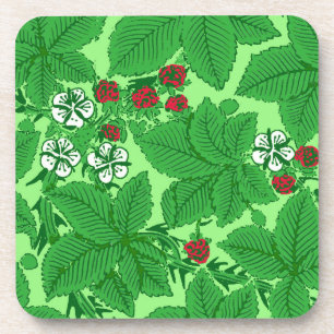 Art Nouveau Strawberries and Leaves, Lime Green Coaster