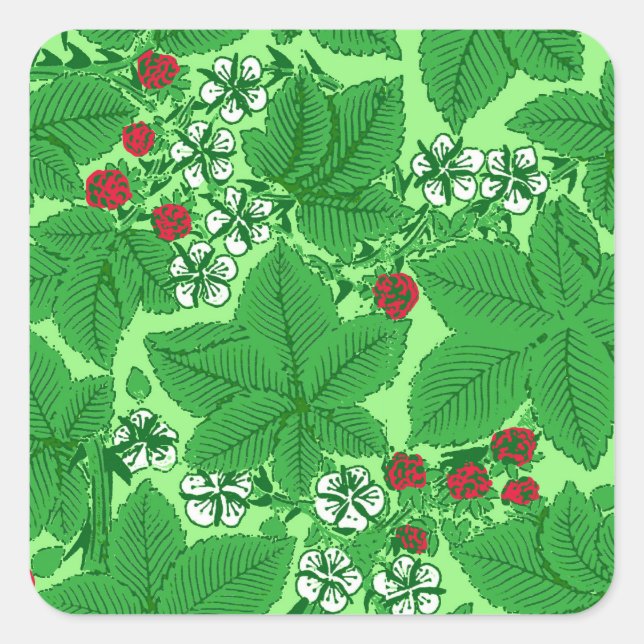 Art Nouveau Strawberries and Leaves, Lime Green Square Sticker (Front)