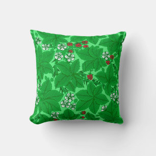Art Nouveau Strawberries and Leaves, Lime Green Throw Pillow