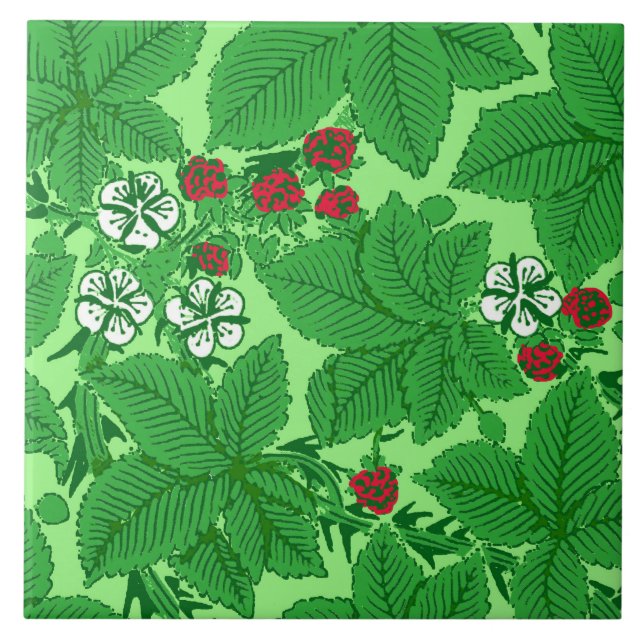 Art Nouveau Strawberries and Leaves, Lime Green Tile (Front)
