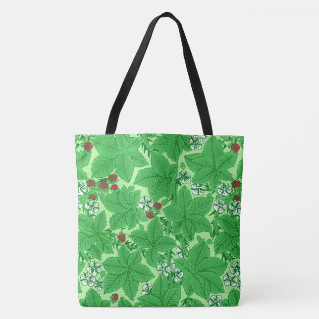 Art Nouveau Strawberries and Leaves, Lime Green Tote Bag (Front)