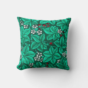 Art Nouveau Strawberries and Leaves, Turquoise Throw Pillow
