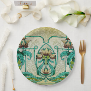 Art Nouveau Style Acanthus Leafs Bouquet Flowers Paper Plate