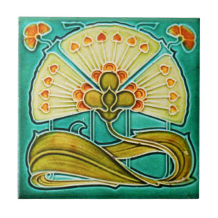 Art Nouveau Style Ceramic Tile. Floral turqoise Tile