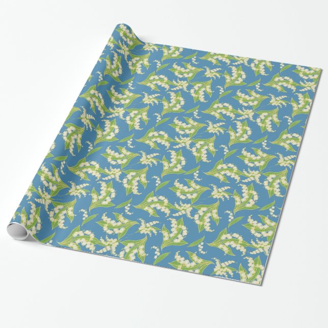 Art Nouveau Style Giftwrap, Lilies on Blue Wrapping Paper (Unrolled)
