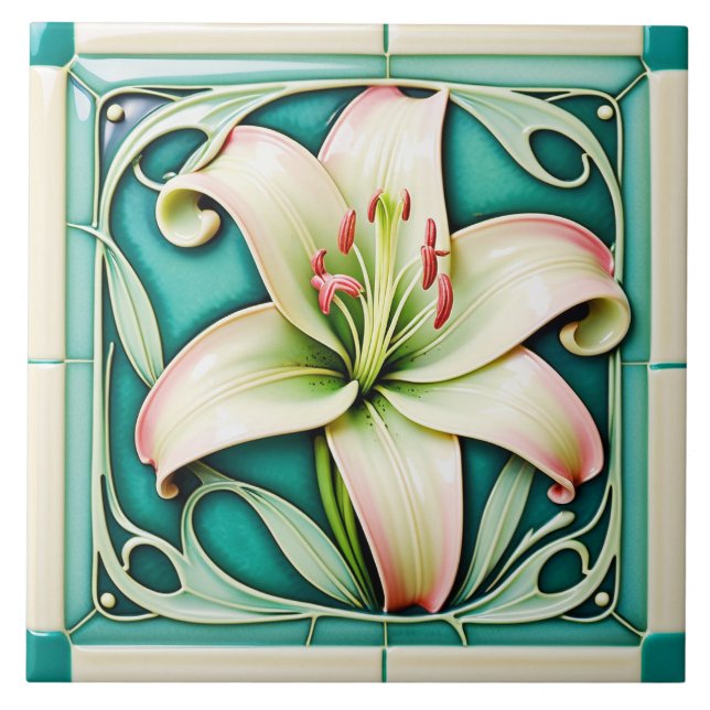 Art Nouveau Style Lily Ceramic Tile. Tile (Front)