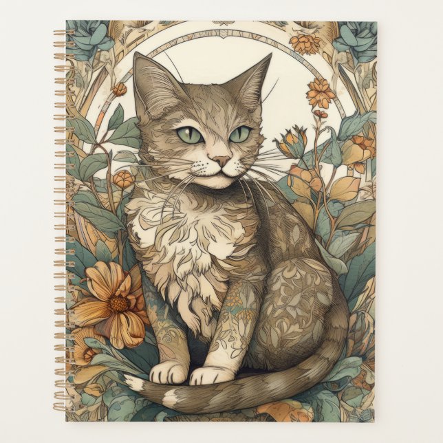 Art Nouveau Style Pretty Cat with Flowers Planner (Front)