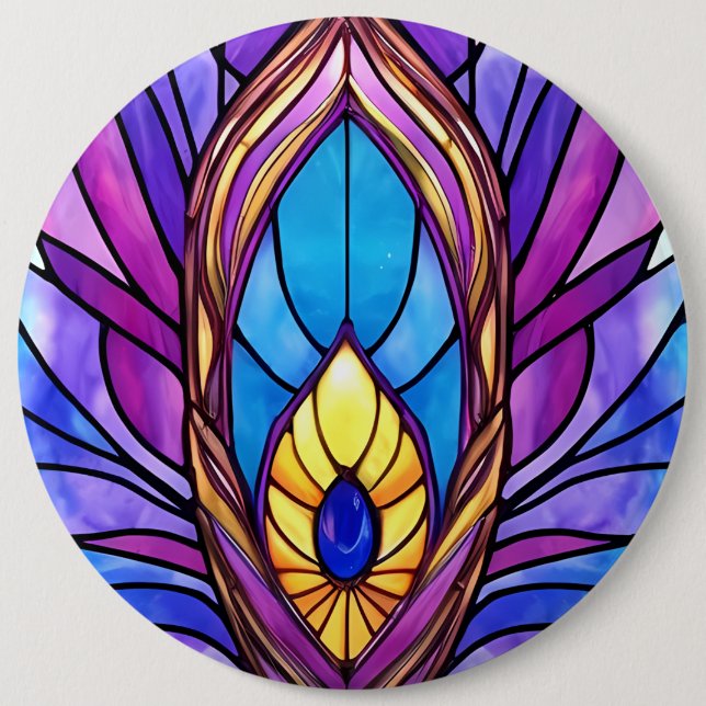 Art Nouveau Style Stained Glass Peacock Feather 6 Inch Round Button (Front)