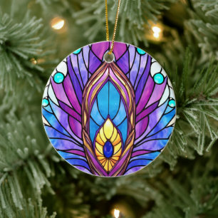 Art Nouveau Style Stained Glass Peacock Feather Ceramic Ornament