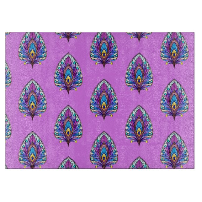 Art Nouveau Style Stained Glass Peacock Feather Cutting Board (Front)