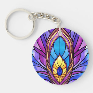 Art Nouveau Style Stained Glass Peacock Feather Keychain