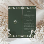 Art Nouveau Style Wedding Menu Card<br><div class="desc">Indulge your guests in the essence of elegance with this sophisticated wedding menu card, which features an Art Nouveau-inspired floral border. The card is graced with a deep forest green backdrop, with a decorative band of stylized cream and alabaster white flowers that perfectly frame the culinary offerings. The graceful, curvilinear...</div>