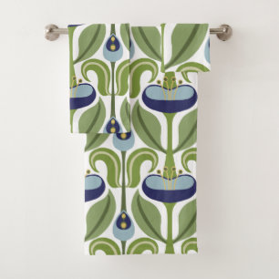 Art Nouveau Stylized Blue Tulips Bath Towel Set