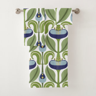 Art Nouveau Stylized Blue Tulips Bath Towel Set