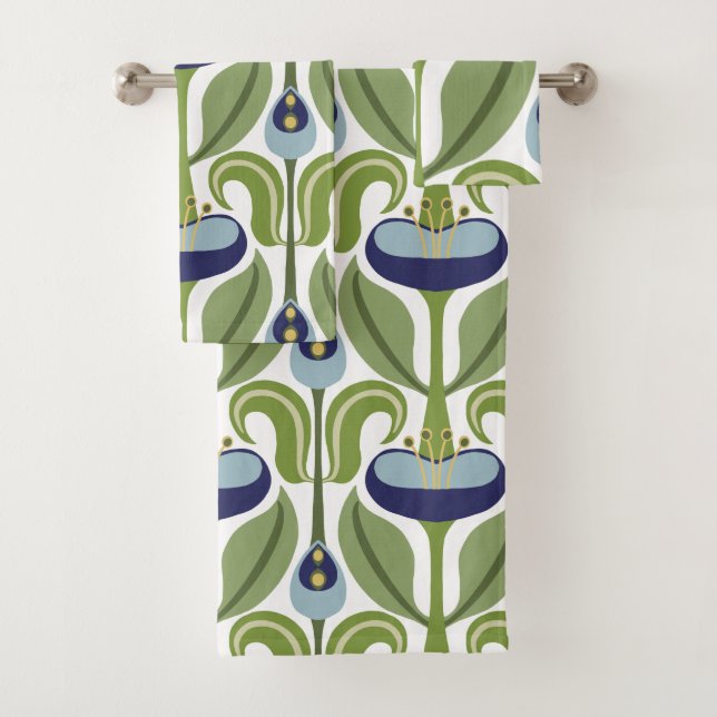 Art Nouveau Stylized Blue Tulips Bath Towel Set (Insitu)