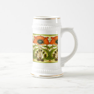 ART NOUVEAU STYLIZED GREEN RED POPPY BEER STEIN