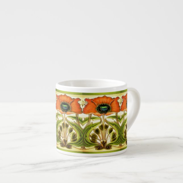 ART NOUVEAU STYLIZED GREEN RED POPPY ESPRESSO CUP (Front Right)