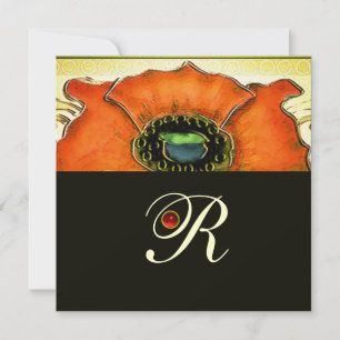 ART NOUVEAU STYLIZED GREEN RED POPPY GEM MONOGRAM INVITATION