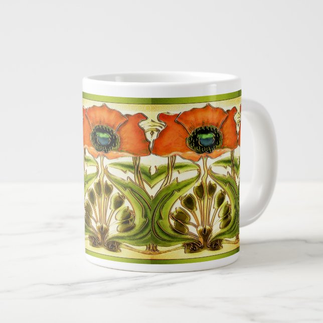 ART NOUVEAU STYLIZED GREEN RED POPPY LARGE COFFEE MUG (Front Right)