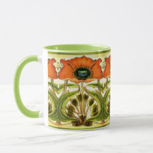ART NOUVEAU STYLIZED GREEN RED POPPY MUG