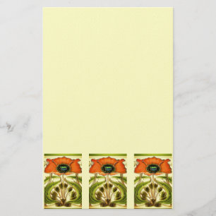 ART NOUVEAU STYLIZED GREEN RED POPPY STATIONERY