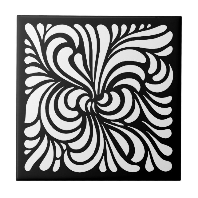 Art Nouveau Stylized Leaves, Black and White Tile (Front)