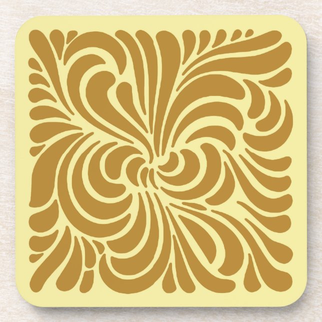 Art Nouveau Stylized Leaves, Mustard and Yellow Coaster (Front)