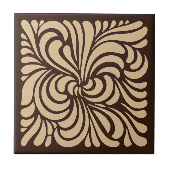 Art Nouveau Stylized Leaves, Tan and Dark Brown Tile (Front)