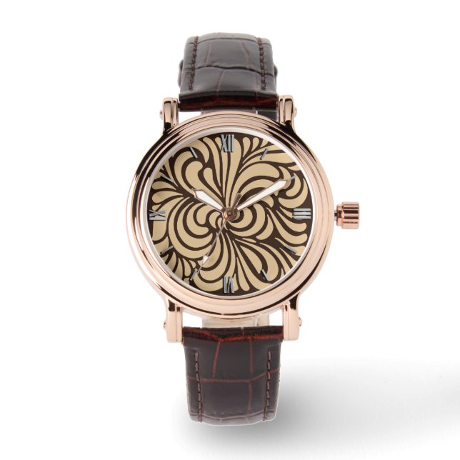 Art Nouveau Stylized Leaves, Tan and Dark Brown Watch (Front)