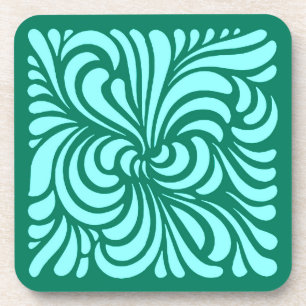 Art Nouveau Stylized Leaves, Turquoise and Aqua Coaster