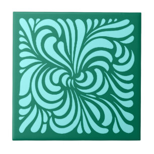 Art Nouveau Stylized Leaves, Turquoise and Aqua Tile