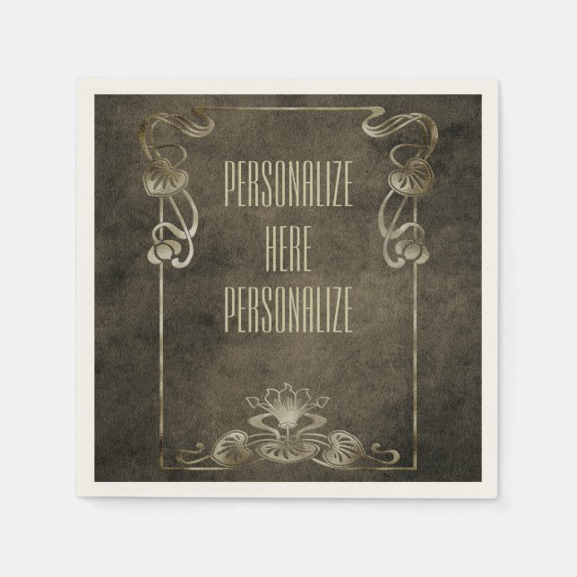 Art nouveau suede look elegant gold brown lotus napkin (Front)