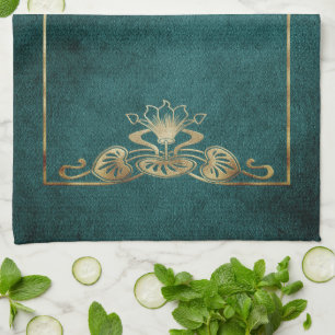 Art nouveau suede look elegant gold green lotus kitchen towel